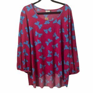 Jon And Anna Womans 3X Pink Blue Bows Long Sleeved Crew Neck Hi Lo Pullover Top